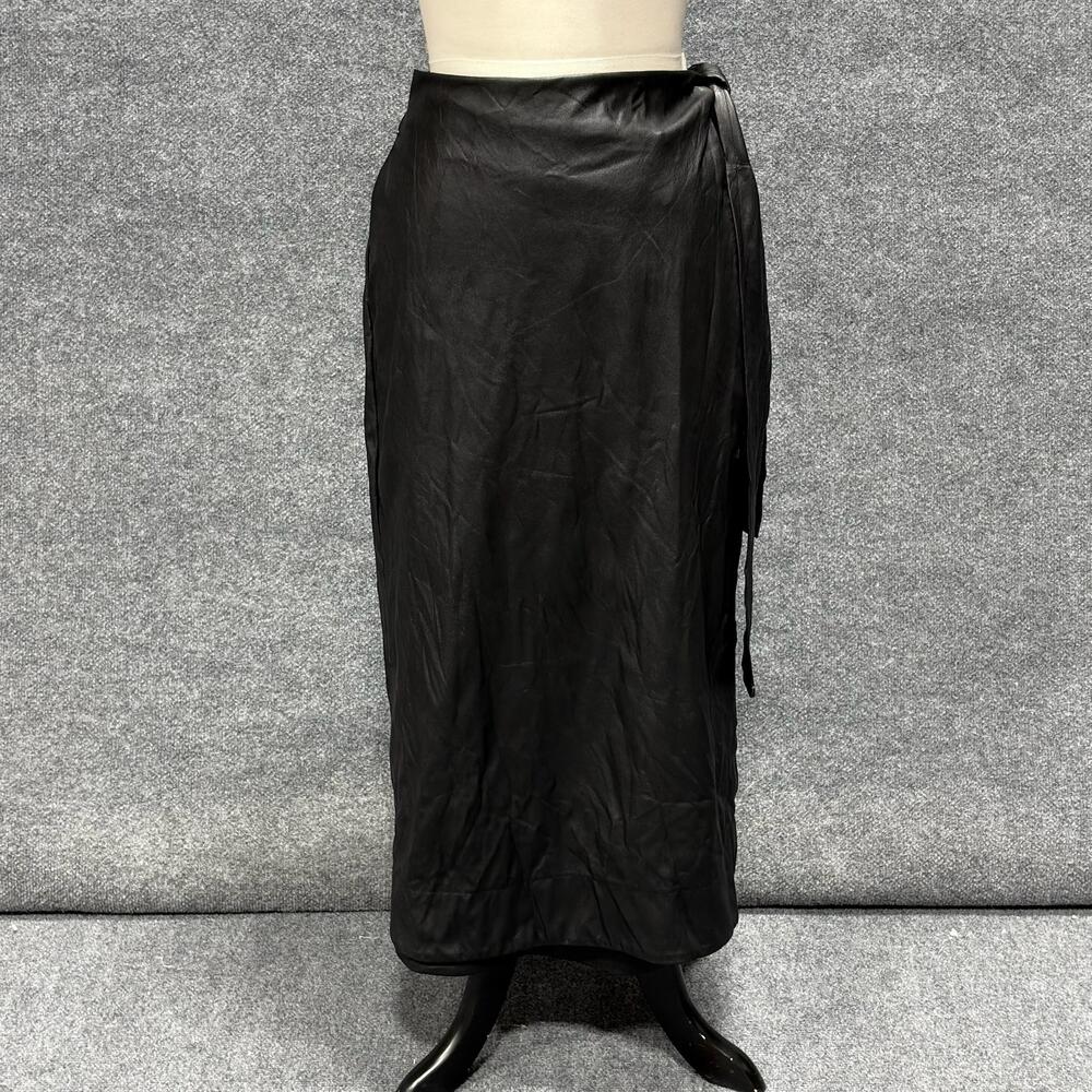 Toccin Black Faux Leather Wrap Skirt Womens Large Maxi Long Tie Waist Polyester